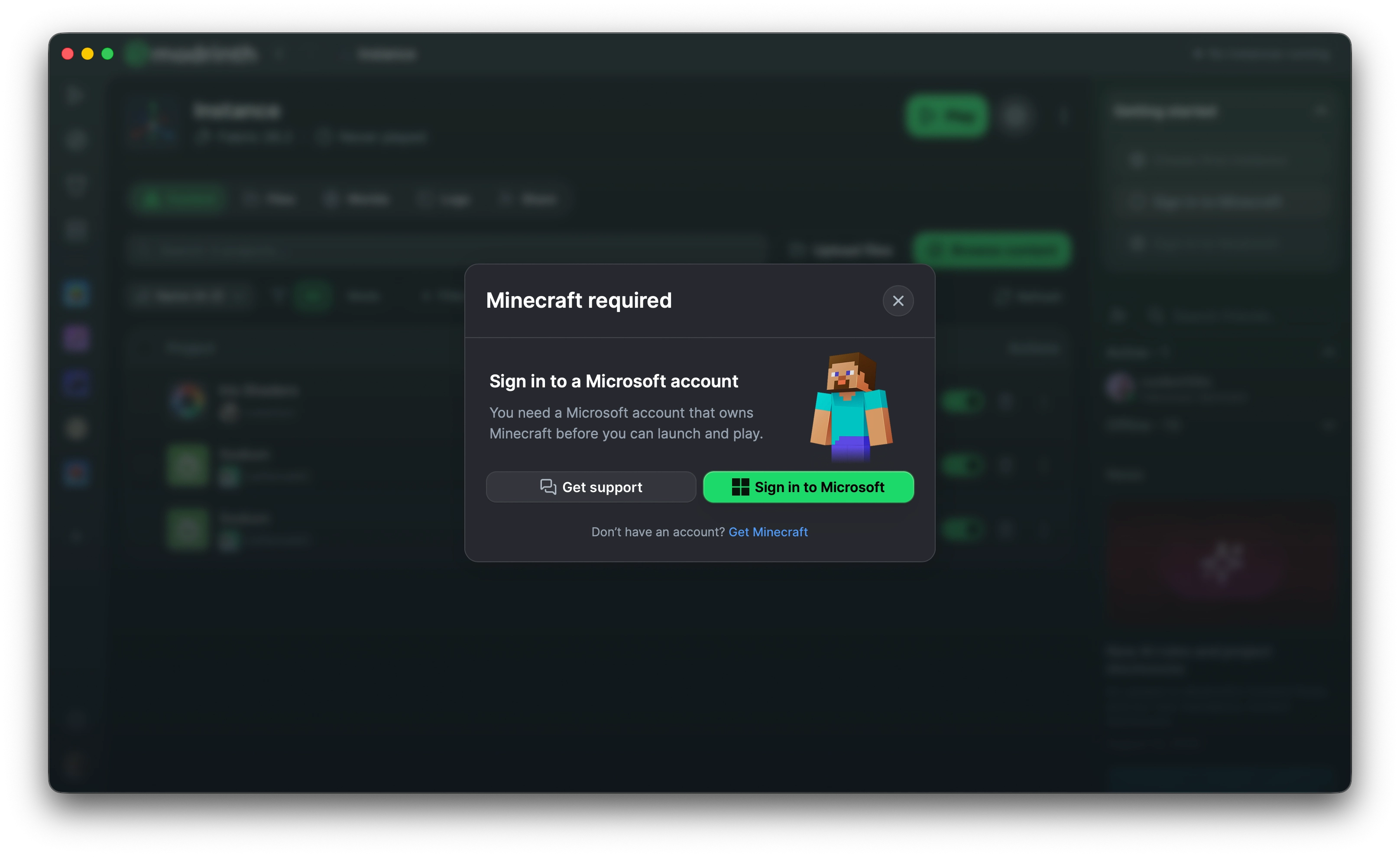 The new Minecraft sign-in menu with a Steve character.